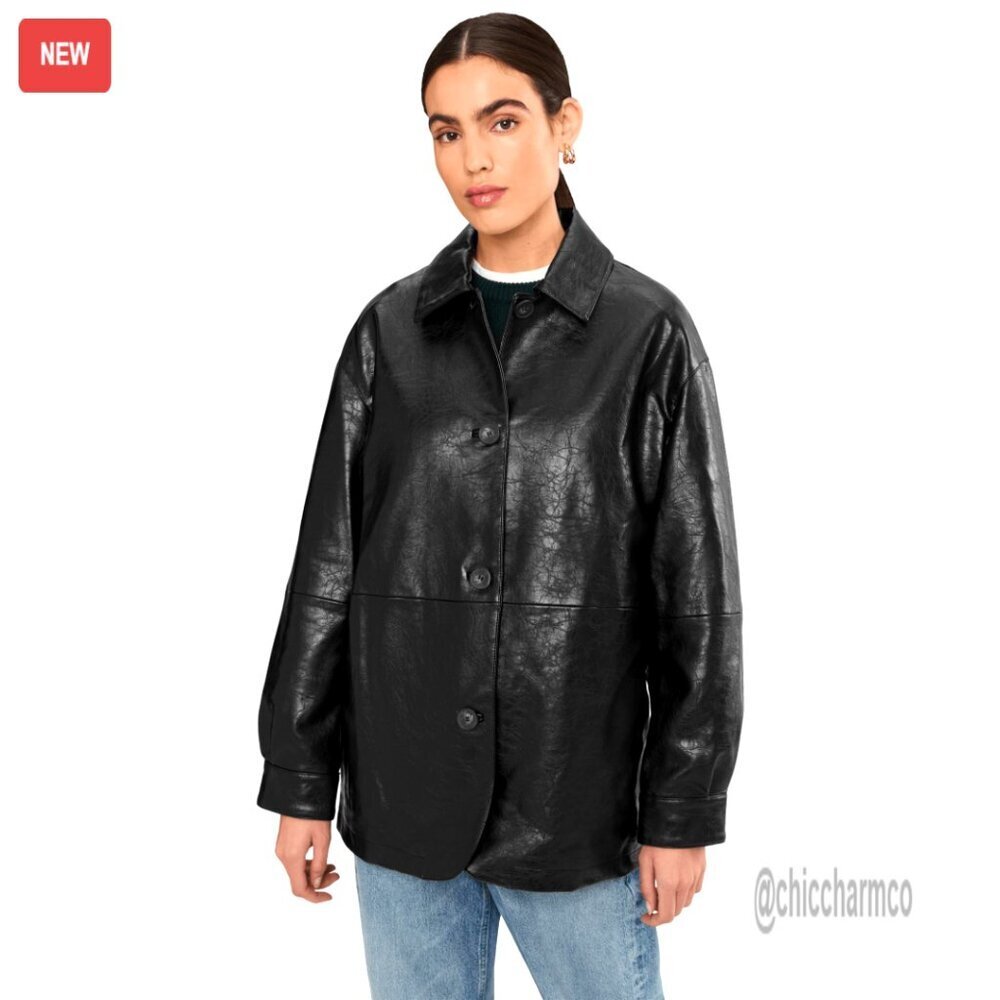 Relaxed Fit Faux Leather Blazer Vintage Chic Oversized Glossy Jacket